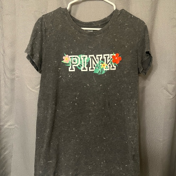 PINK Victoria's Secret Charcoal Tee with Floral Accents - Picture 1 of 1
